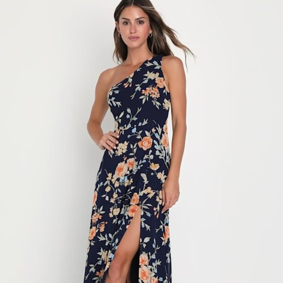 Lulus Elegant Admiration Navy Blue Floral One-shoulder Maxi Dress - Size XL - Picture 1 of 3